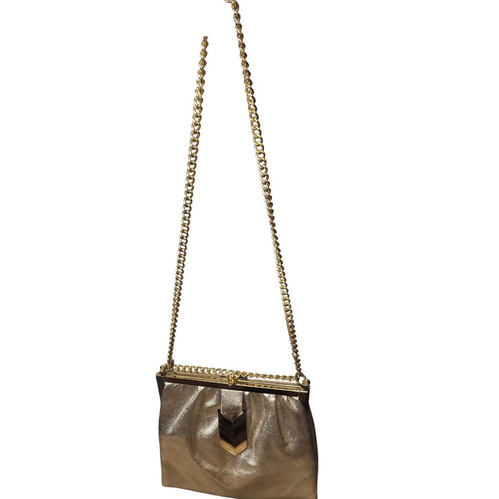 Vintage Gold Evening Bag With Chain Strap & Triangular Front Plate Satin Lined C - Picture 9 of 16